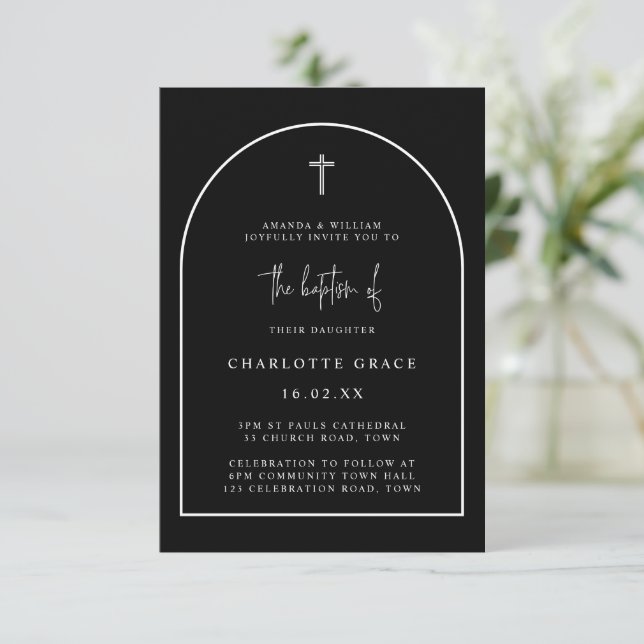Black White Modern Arch Script Minimalist Baptism  Invitation (Standing Front)