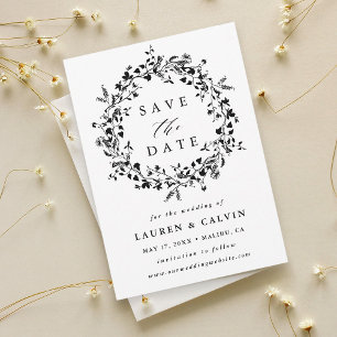 Black & White Modern Boho Wildflower Wedding Photo Save The Date