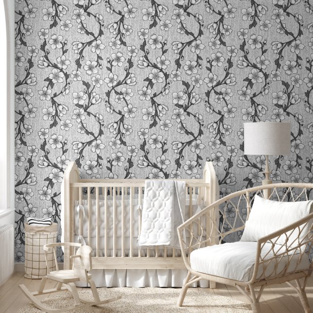 Black & White Modern Botanical Flower Wallpaper (Kids)