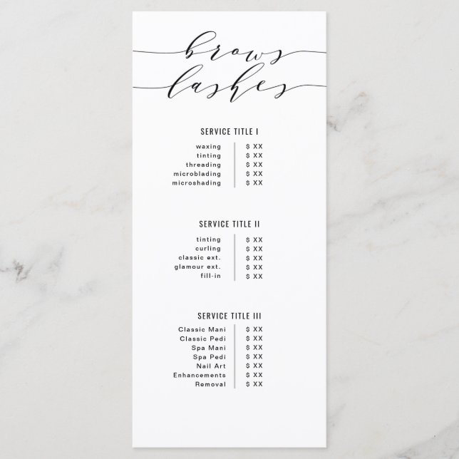 Black & White Modern Calligraphy Brows & Lashes Menu (Front)