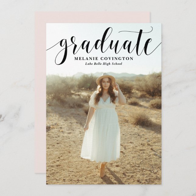 Black White Modern Calligraphy Photo Graduation Invitation (Front/Back)