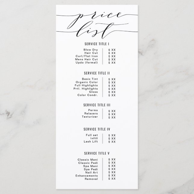 Black & White Modern Calligraphy Price List Salon Menu (Front)