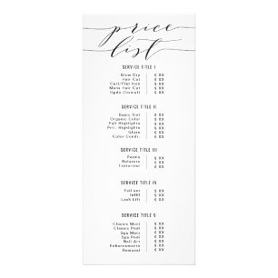 Black & White Modern Calligraphy Price List Salon Rack Card