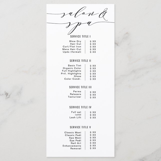 Black & White Modern Calligraphy Salon Spa Price Menu (Front)