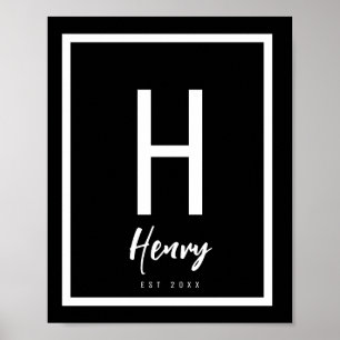 Black & White Modern Chic Name Nursery Initial Poster