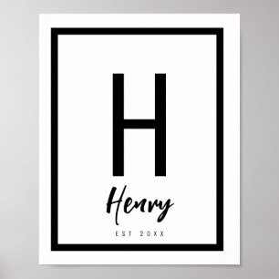 Black & White Modern Chic Name Nursery Initial  Poster