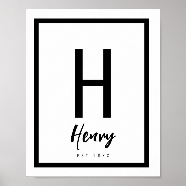 Black & White Modern Chic Name Nursery Initial  Poster (Front)