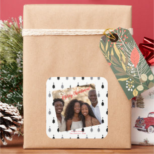 Black White Modern Christmas Family Photo Square Sticker