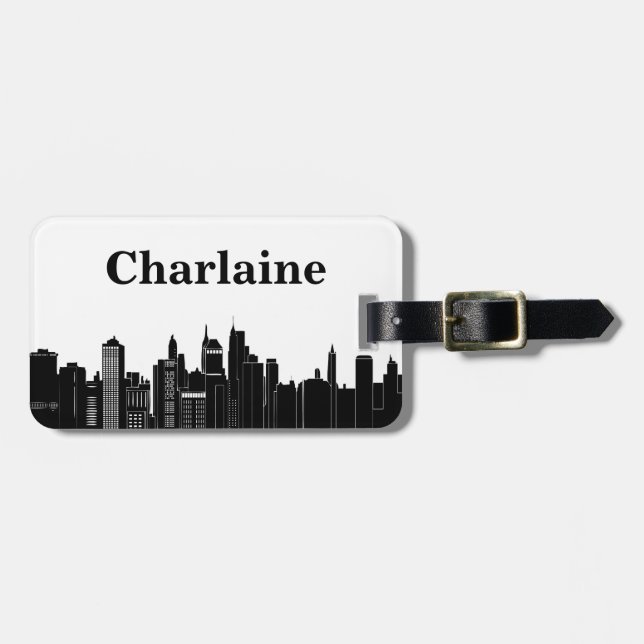 Black & White Modern Cityscape Skyline Luggage Tag (Front Horizontal)