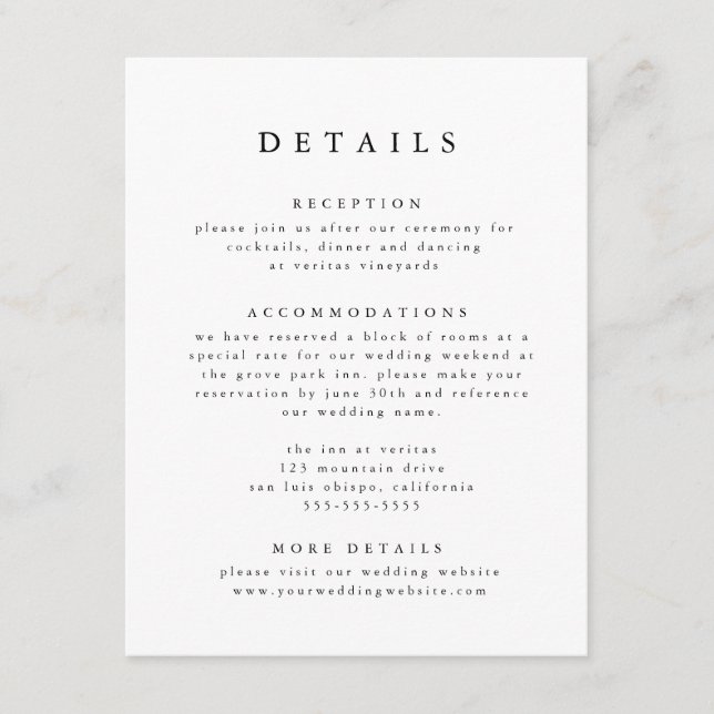 Black & White Modern Classic Wedding Details Enclosure Card (Front)