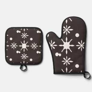 Black White Modern Daisy Pattern Oven Mitt & Pot Holder Set