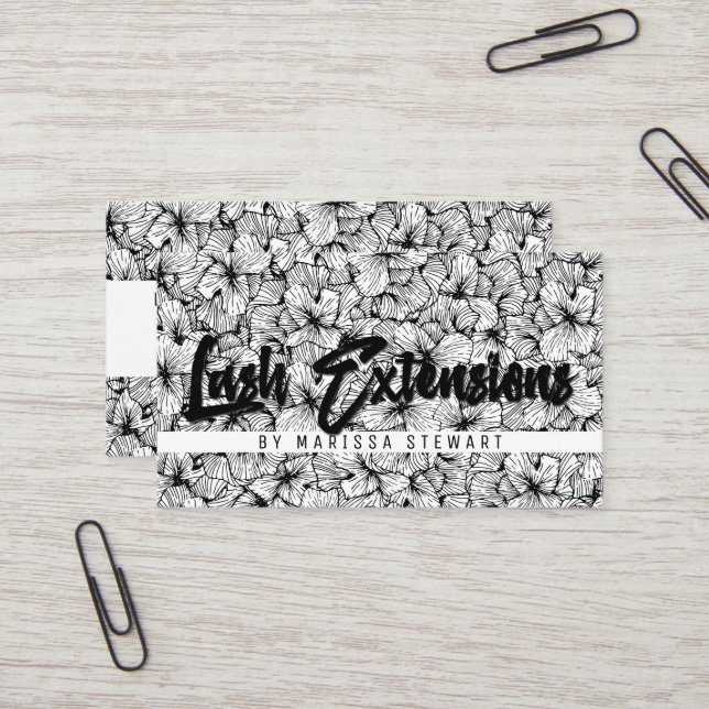 Black White Modern Drawn Flowers Lash Extensions Business Card (Front/Back In Situ)