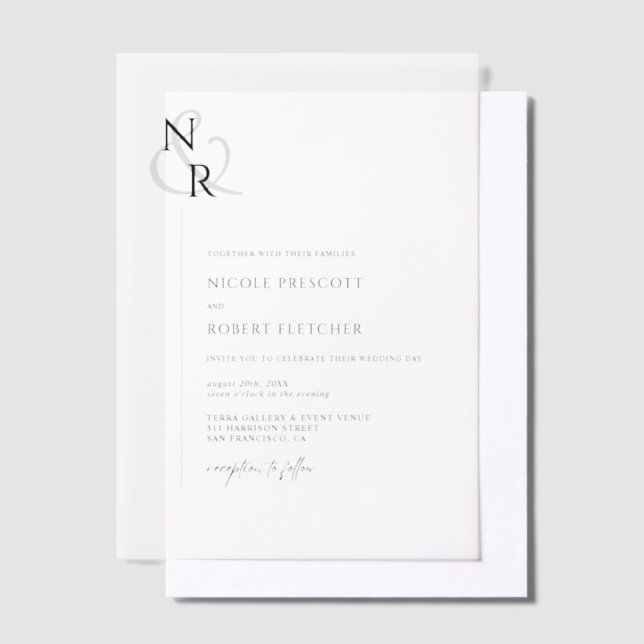 Black & White Modern Elegant Monogram Wedding Vellum Invitations (Offset)