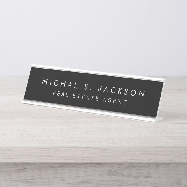 Black White Modern Elegant Professional Classy Des Desk Name Plate (Front)