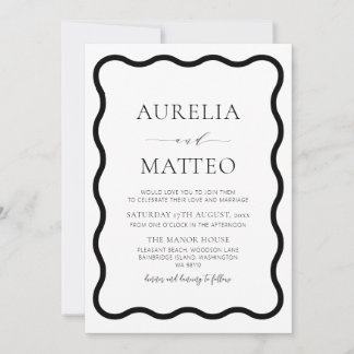Black & White Modern Elegant Wavy Border Minimal Invitation