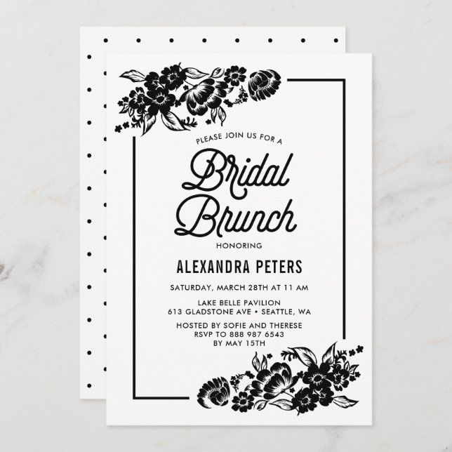 Black & White Modern Floral Accents Bridal Brunch Invitation (Front/Back)