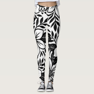 Black White Modern Floral Elegant Tropical Bloom Leggings