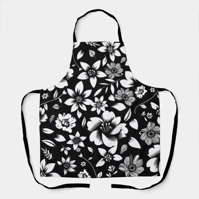Black White Modern Floral Leaves Blowing Apron (Front)