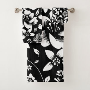 Black White Modern Floral Leaves Blowing Bath Towel Set