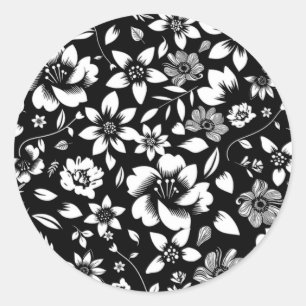 Black White Modern Floral Leaves Blowing Classic Round Sticker