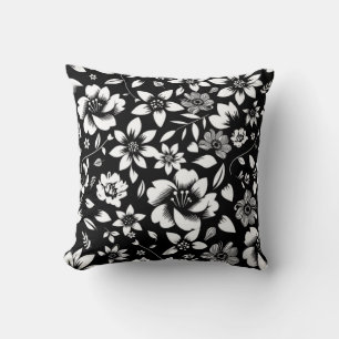Black White Modern Floral Leaves Blowing Cushion