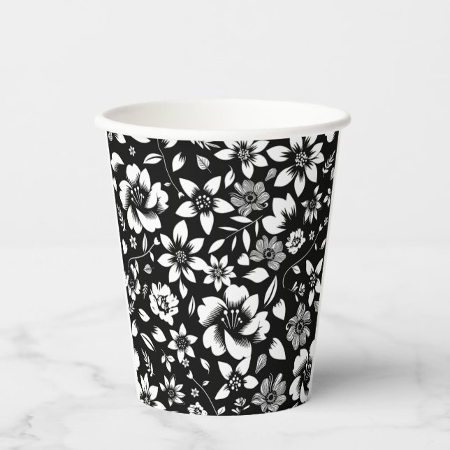 Black White Modern Floral Leaves Blowing Paper Cups (Front)