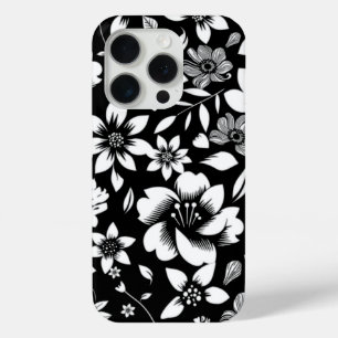 Black White Modern Floral Leaves Blowing Print iPhone 15 Pro Case
