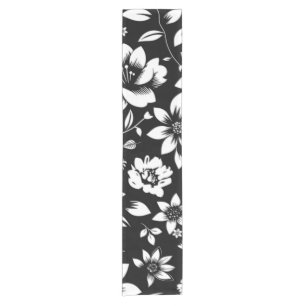 Black White Modern Floral Leaves Blowing Short Table Runner