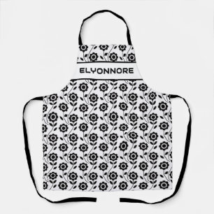 Black White Modern Geometric Flower Custom Name Apron