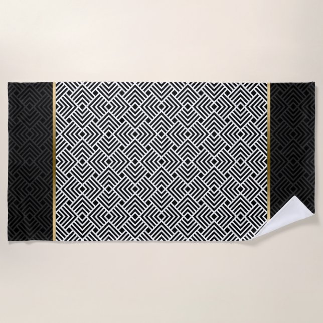 Black & White Modern Geometric Pattern Beach Towel (Front)