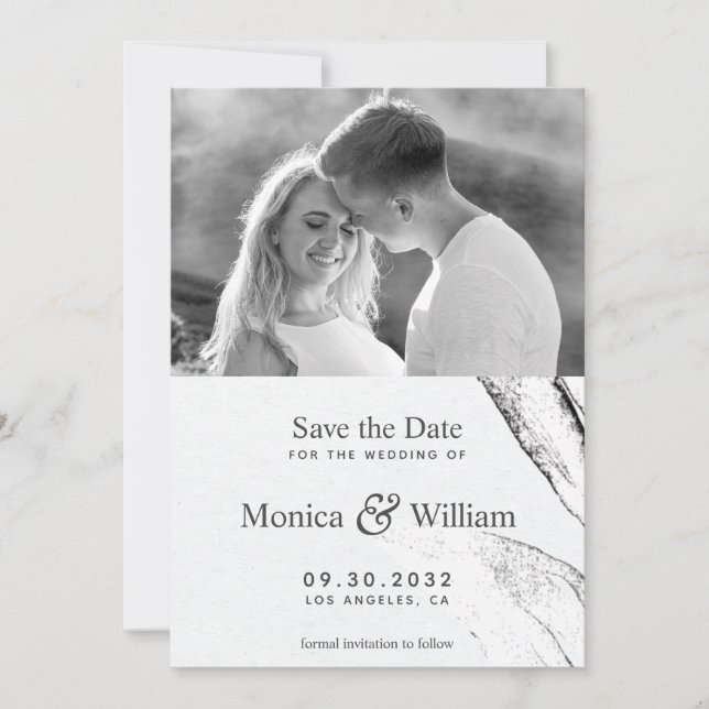 Black & white modern graphic leafage wedding photo save the date (Front)