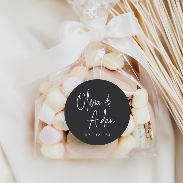 Black & White Modern Handwritten Script Wedding Classic Round Sticker (Creator Uploaded)