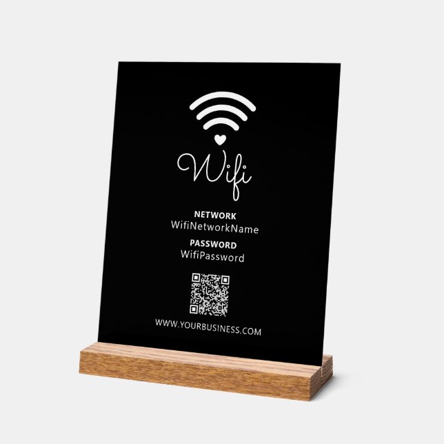 Black & White Modern Heart Business Wifi Password Acrylic Sign (Angle)