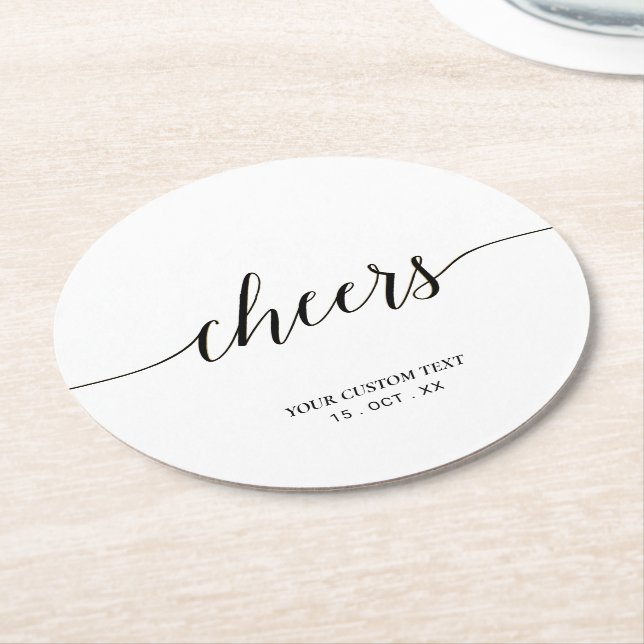 Black & White Modern Lettering Cheers Party Round Paper Coaster (Angled)