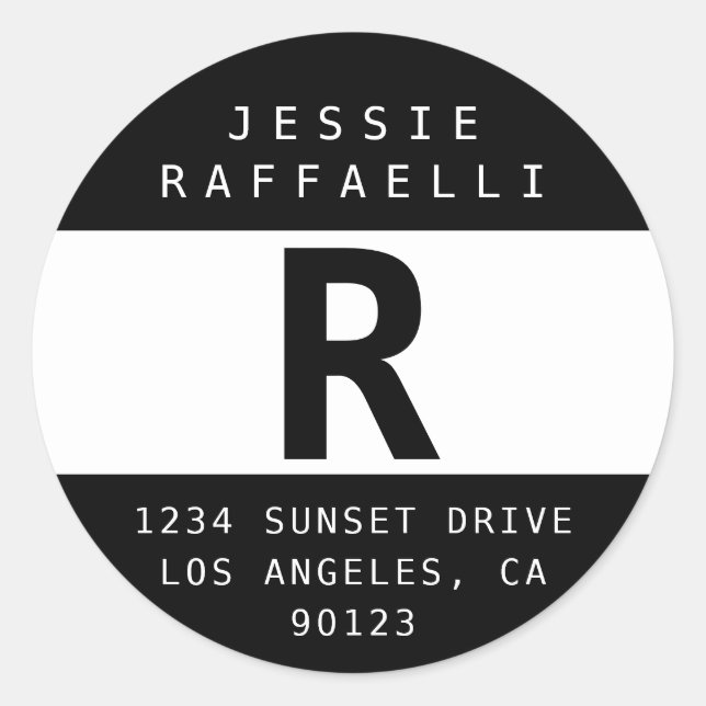 Black & White Modern Look Return Address Classic Round Sticker (Front)