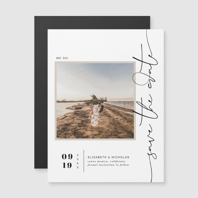 Black & White | Modern Minimal Save the Date Photo Magnetic Invitation (Front/Back)