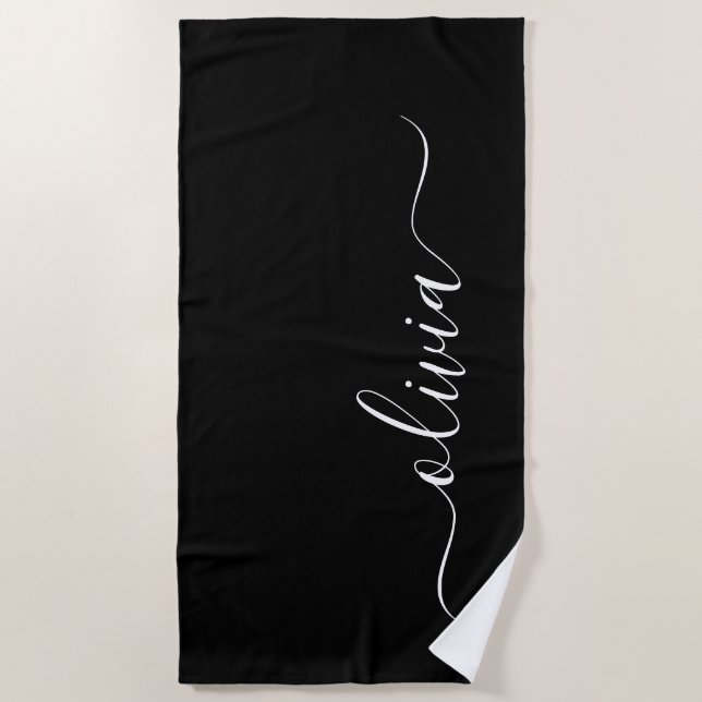 Black White Modern Minimalist Elegant Monogram Beach Towel (Front)