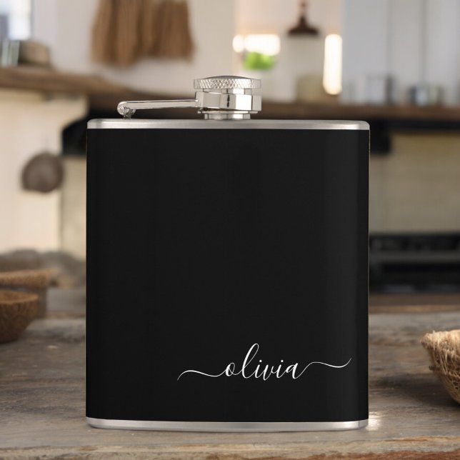 Black White Modern Minimalist Elegant Monogram Hip Flask (Creator Uploaded)