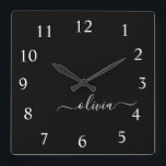 Black White Modern Minimalist Elegant Monogram Square Wall Clock<br><div class="desc">Introducing our Black and White Minimalist Modern Monogram Collection: Embrace simplicity and sophistication with our minimalist designs, curated to elevate your style effortlessly. Crafted with a keen eye for modern aesthetics, this collection features sleek black and white designs accentuated by personalized monograms. From chic stationery to versatile accessories, our collection...</div>