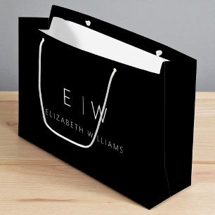 Black White Modern Minimalist Monogram Name Large Gift Bag