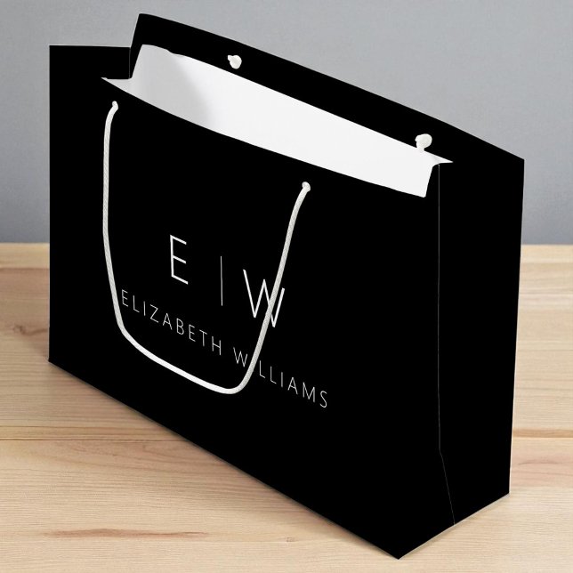 Black White Modern Minimalist Monogram Name Large Gift Bag (Creator Uploaded)