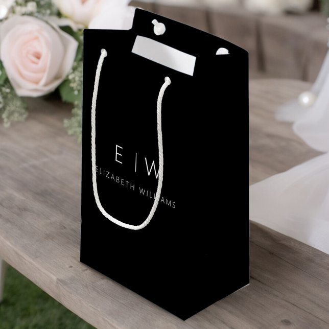 Black White Modern Minimalist Monogram Name Small Gift Bag (Creator Uploaded)