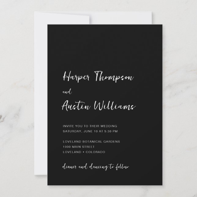 Black White Modern Minimalist Script Wedding Invitation (Front)