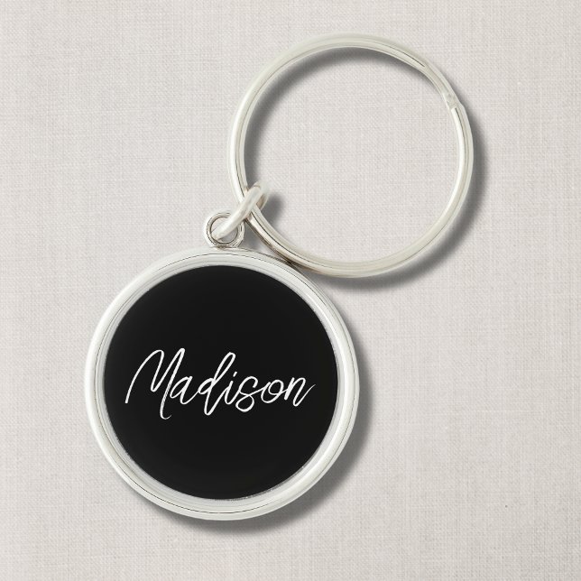 Black & White Modern Minmalist Keychain (Script Custom Name,  in Black and White Simple Design)