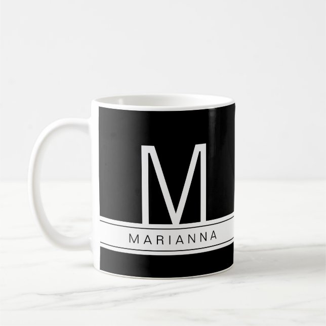 Black White Modern Monogram Simple Name Initial Coffee Mug (Left)