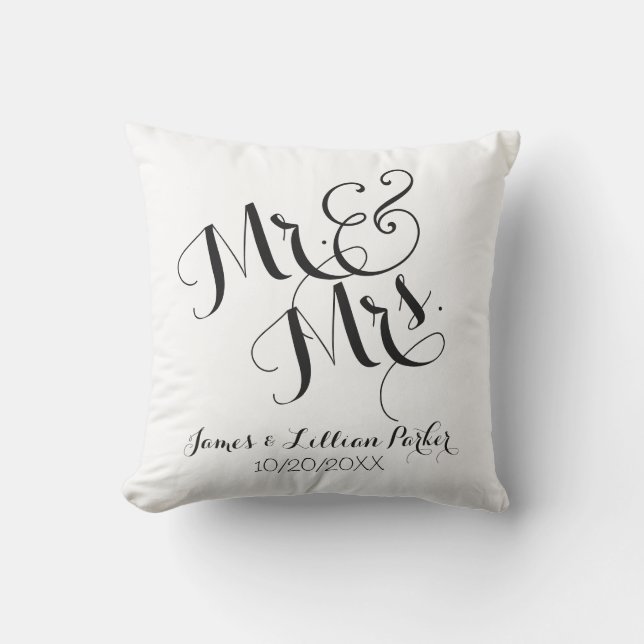 Black White Modern Mr. and Mrs. Monogram Wedding Cushion (Front)