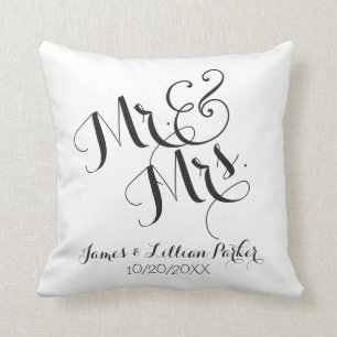 Black White Modern Mr. and Mrs. Monogram Wedding Cushion