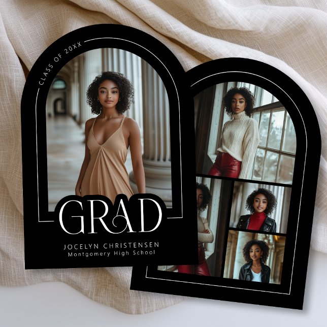 Black White Modern Photo Collage Grad Announcement (Front + Back)