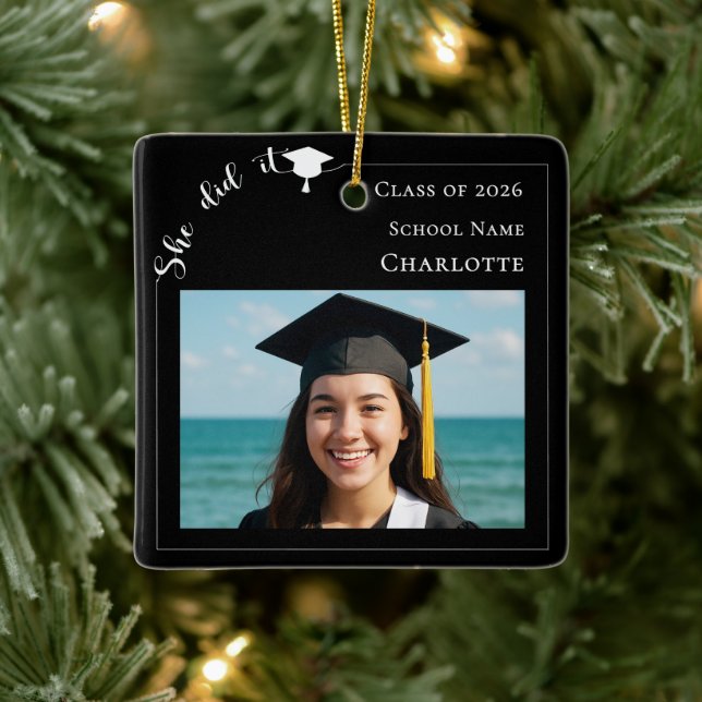 Black white modern photo Graduate Ceramic Ornament (Tree)