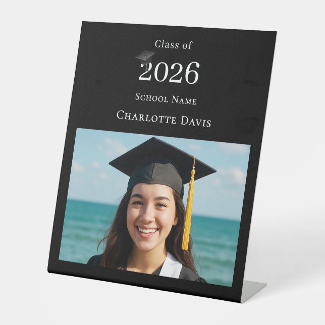 Black white modern photo Graduation party welcome Pedestal Sign (Front)